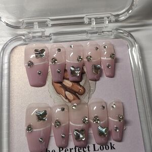Pink Press-On Nails with Silver Accents